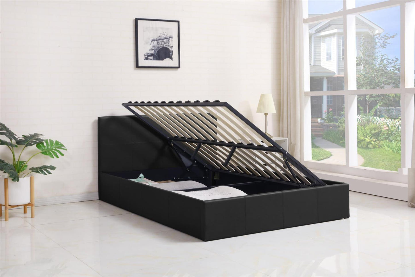 Ottoman Bed Gas Lift Storage Leather 3ft , 4ft,  4ft6 Bed , Pine Wood , Optional Memory Foam Matress