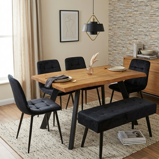 DOUBS Dining Table set for 6  with 4 Black Velvet Chairs and 1 Bench Modern Dining Set