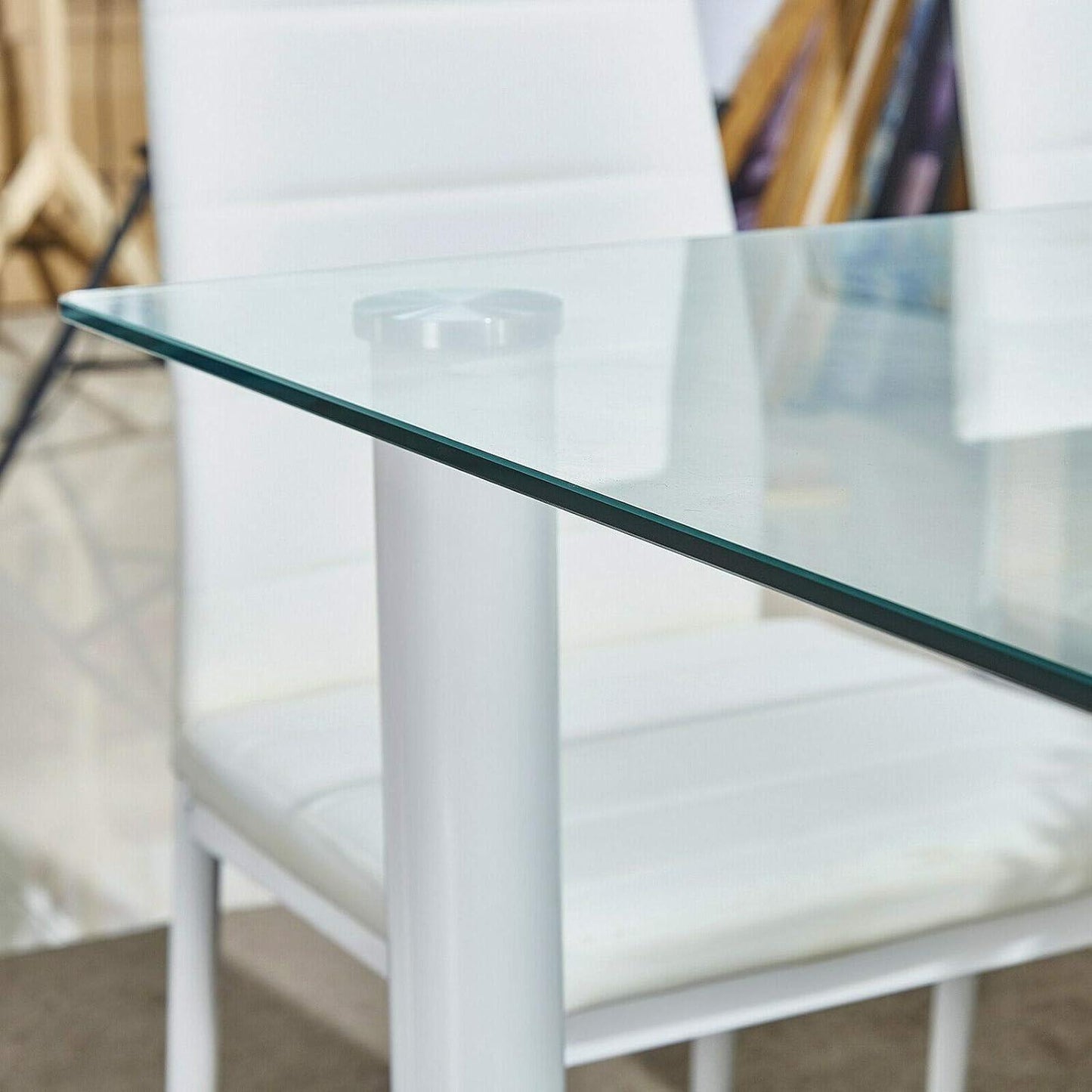 Clear Dining Table with White Metal Legs