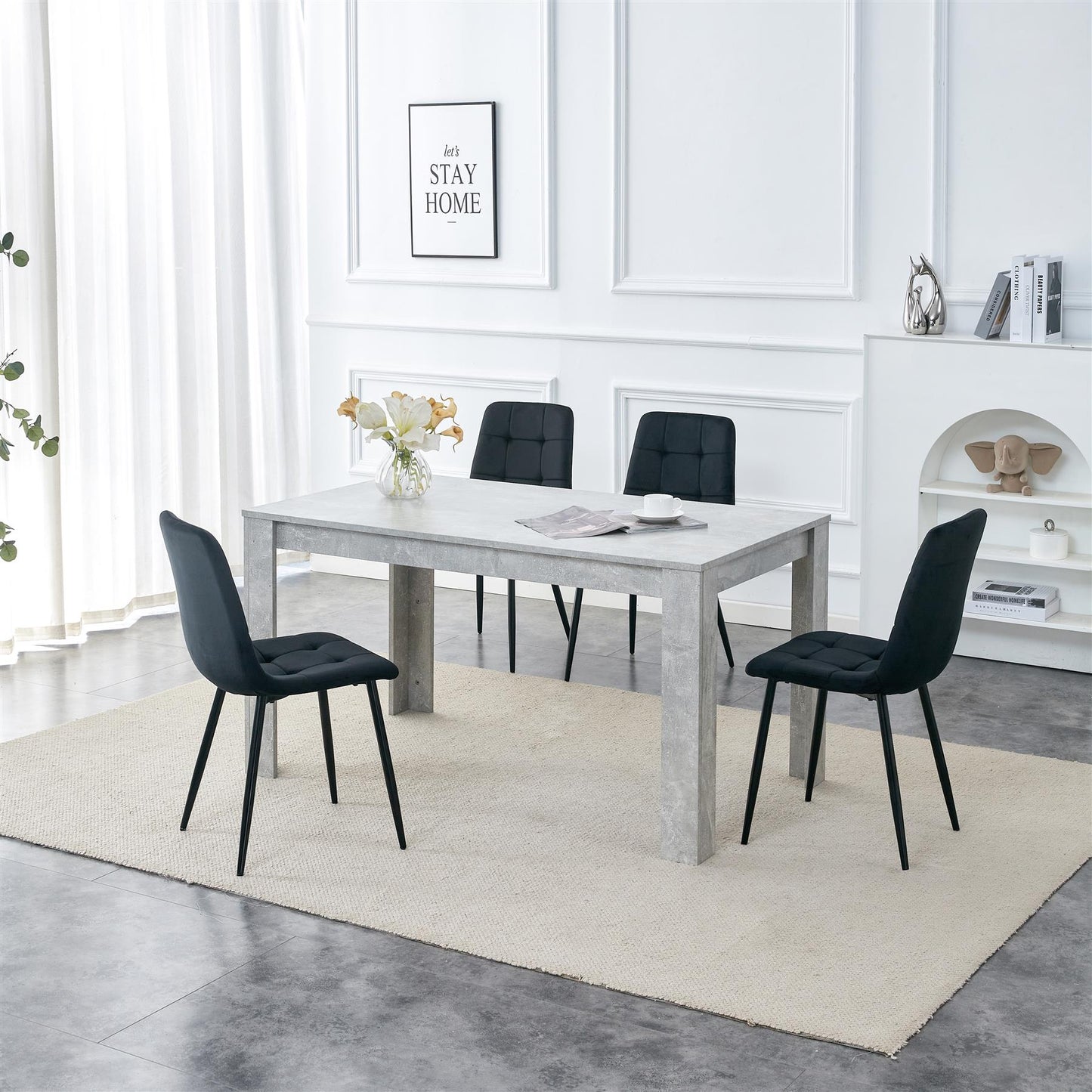 Dining Table and 4 Chairs Stone Grey Effect Wood Table 4 Black Velvet Chairs Dining Room