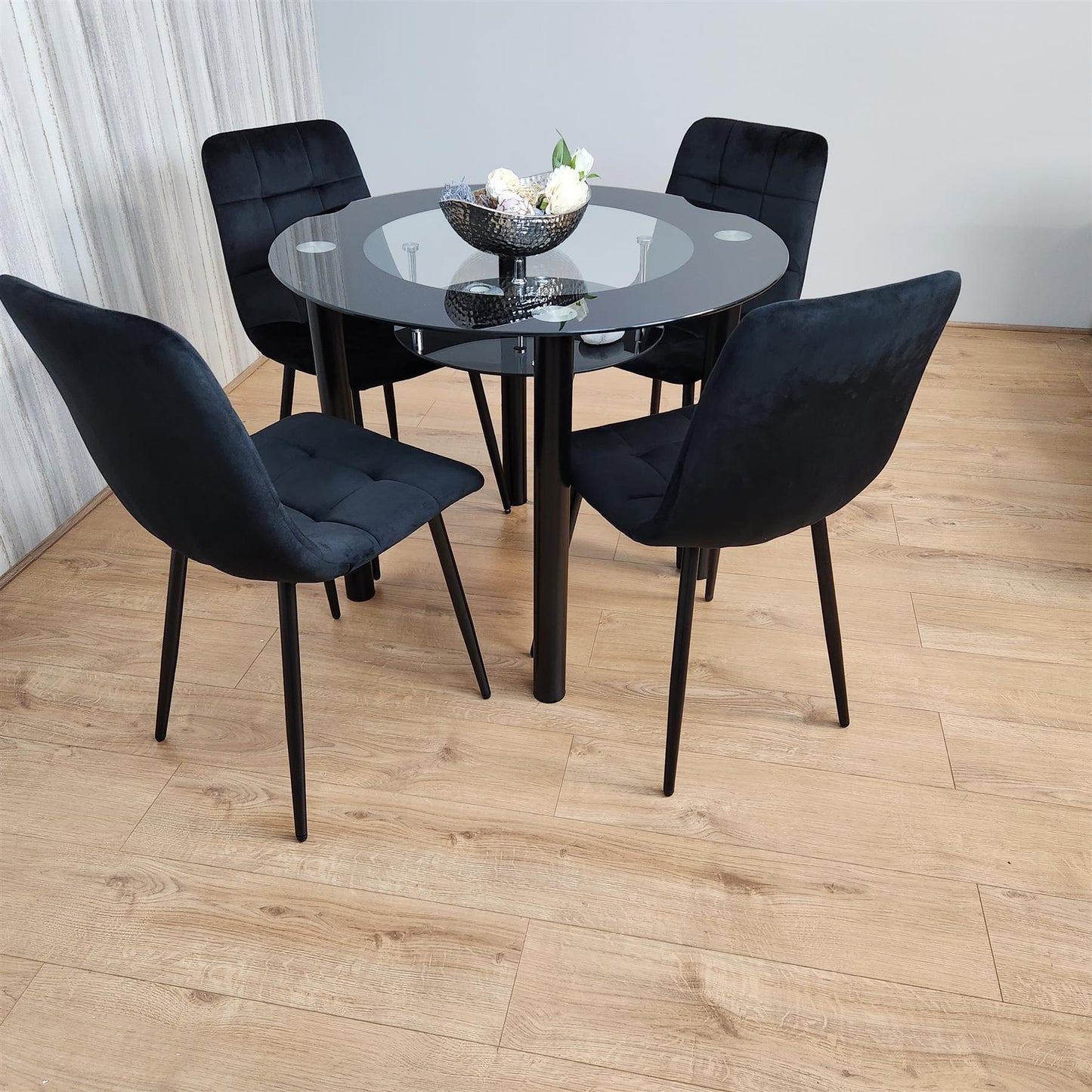 Dining Table and 4 Chairs Round Glass Black  4 Black  Velvet Chairs Dining Room Furniture