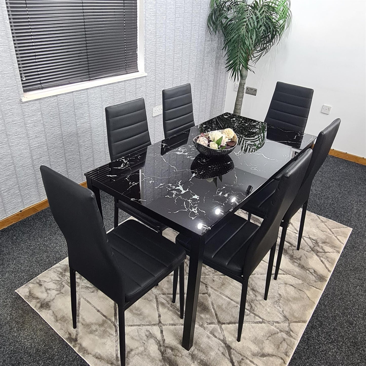 Dining Table and 6 Chairs Black Marble Effect Glass 6 Leather Black Chairs Dining Room Furniture