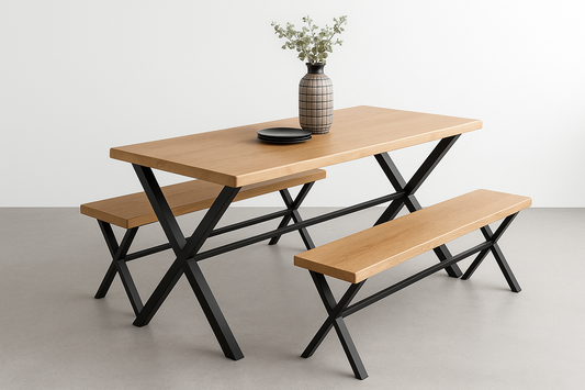 Doubs Dining Table set , Table set for 4 Beige Oak colour table and 2 matching benches