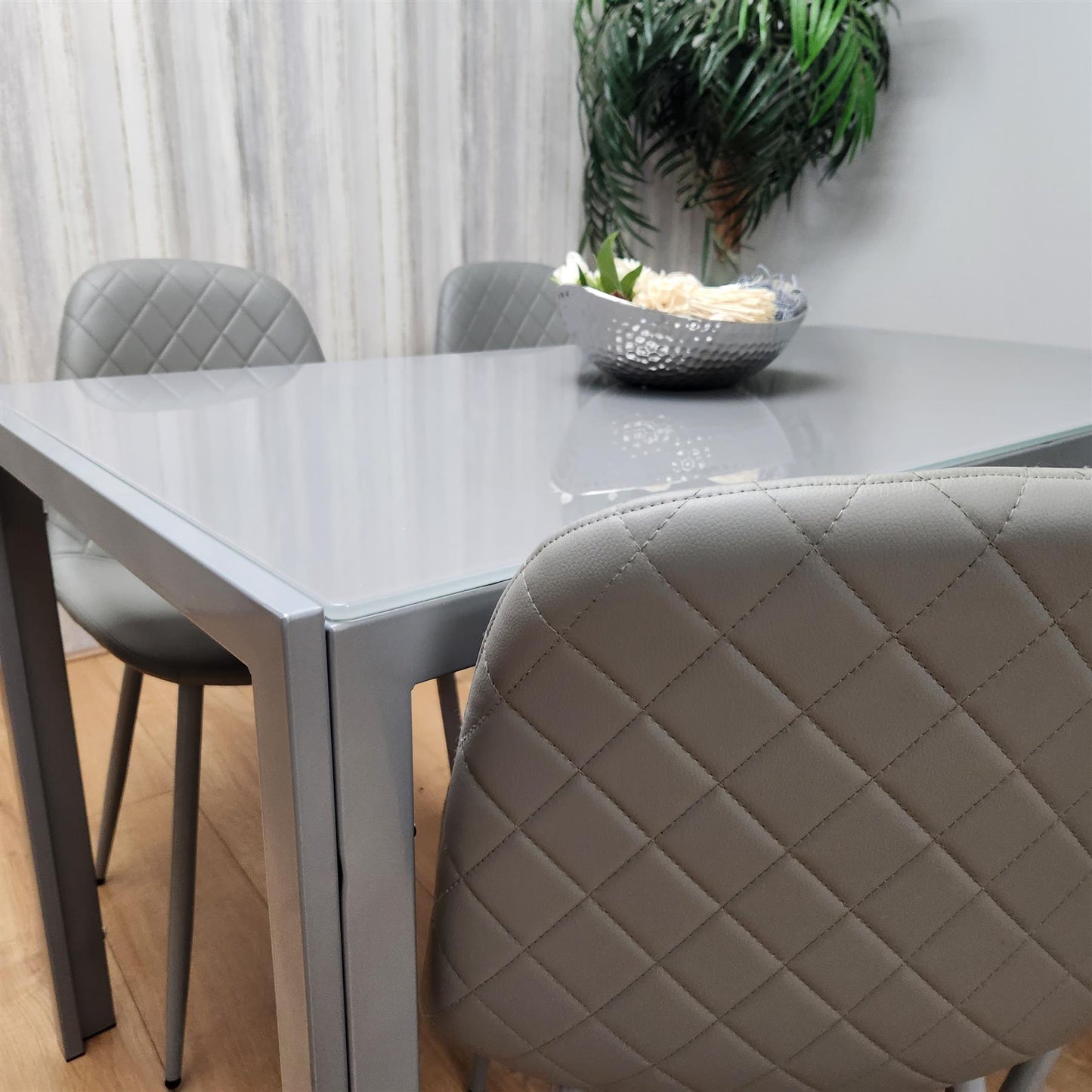 Glass Dining table and 4 grey leather chairs  Grey Glass Table And 4 Chairs kitchen dining room furniture
