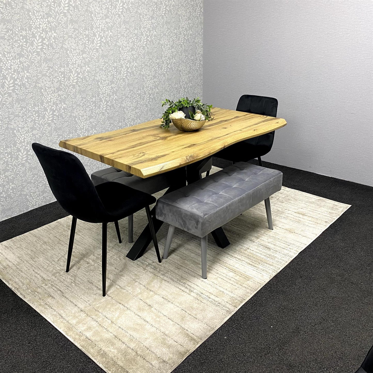 DOUBS Wooden Brown Dining Table with 2 Black Velvet Chairs and Grey Padded Benches, Dining Room Furniture