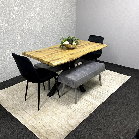 DOUBS Wooden Brown Dining Table with 2 Black Velvet Chairs and Grey Padded Benches, Dining Room Furniture