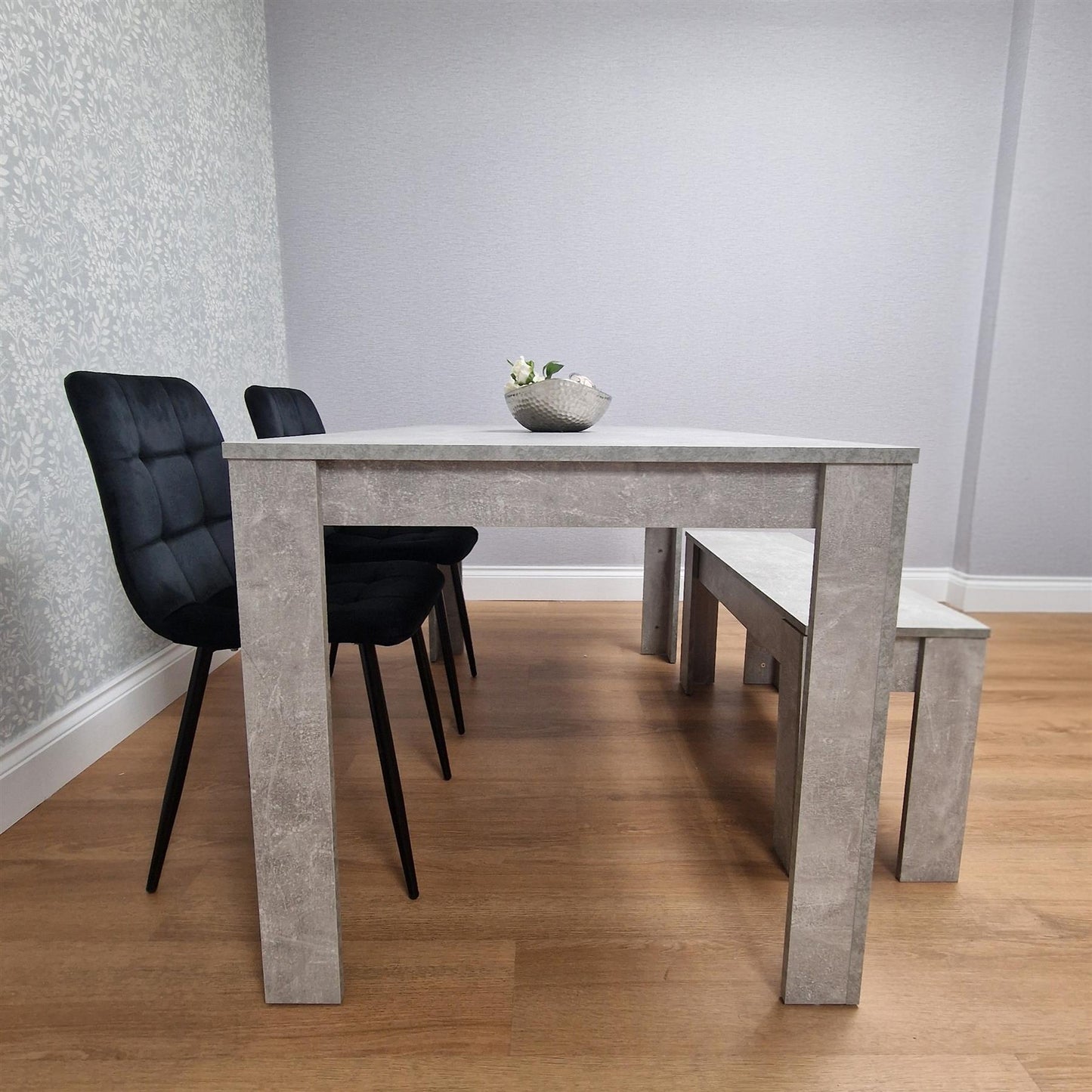 Dining Table and 2 Chairs With Stone Grey Effect Wood Table 2 Black Velvet Chairs Dining Room