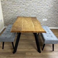DOUBS Wood Dining Table and 2 Grey Velvet Benches 3-Piece Set