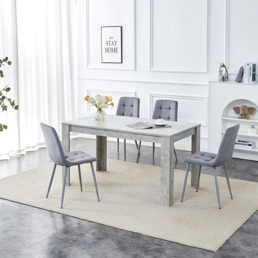 Doubs Grey Wooden Effect Dining Table Set with 4 Tufted Velvet Grey Chairs ,  Melamine Finish, Curved Back Design