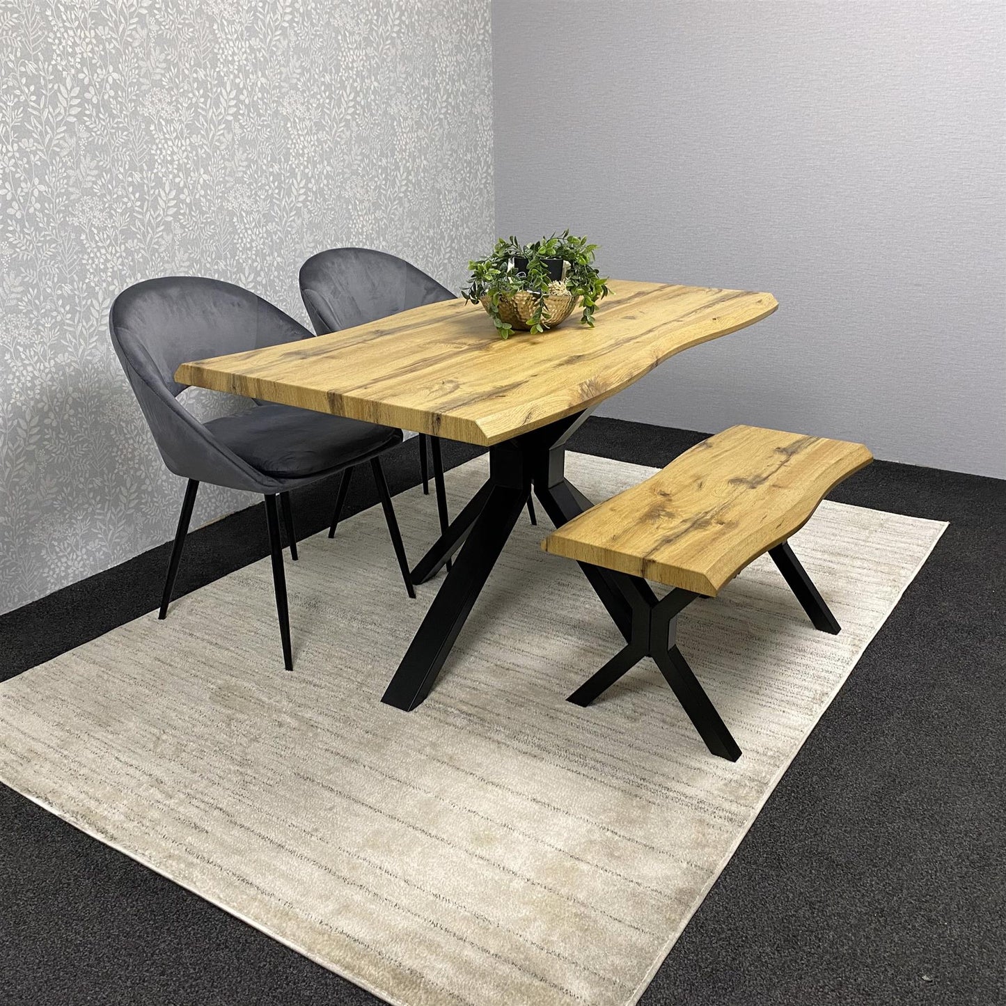 DOUBS Brown Wooden Dining Table with 2 grey Chairs and Bench - Dining Kitchen Room Furniture