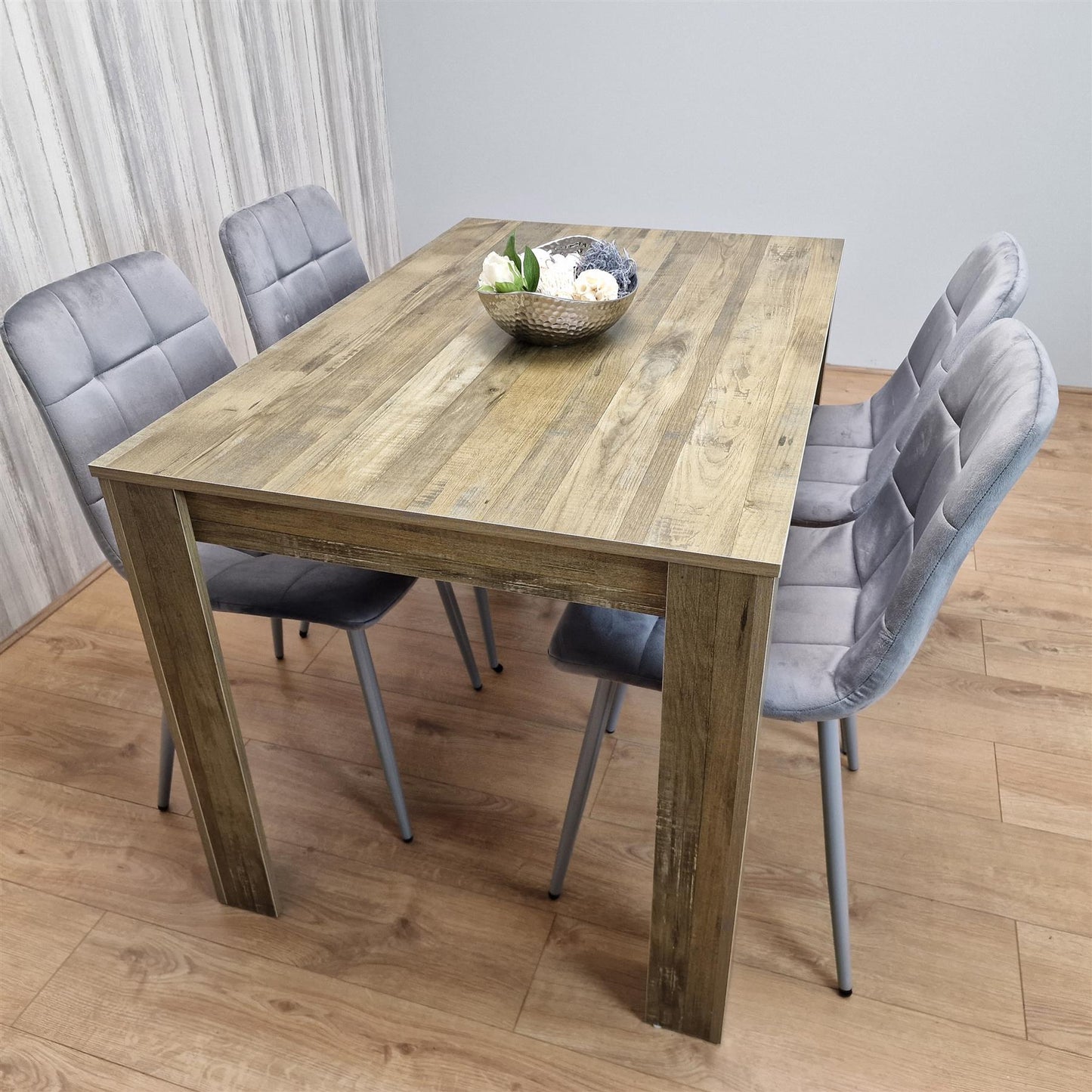Dining Table and 4 Chairs Rustic Effect Wood Table 4 Grey Velvet Chairs Dining Room