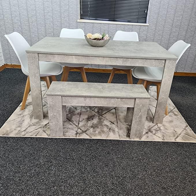 Dining Table and 4 Chairs With Bench Stone Grey Effect Wood Table 4 White Plastic Leather Chairs Dining Room