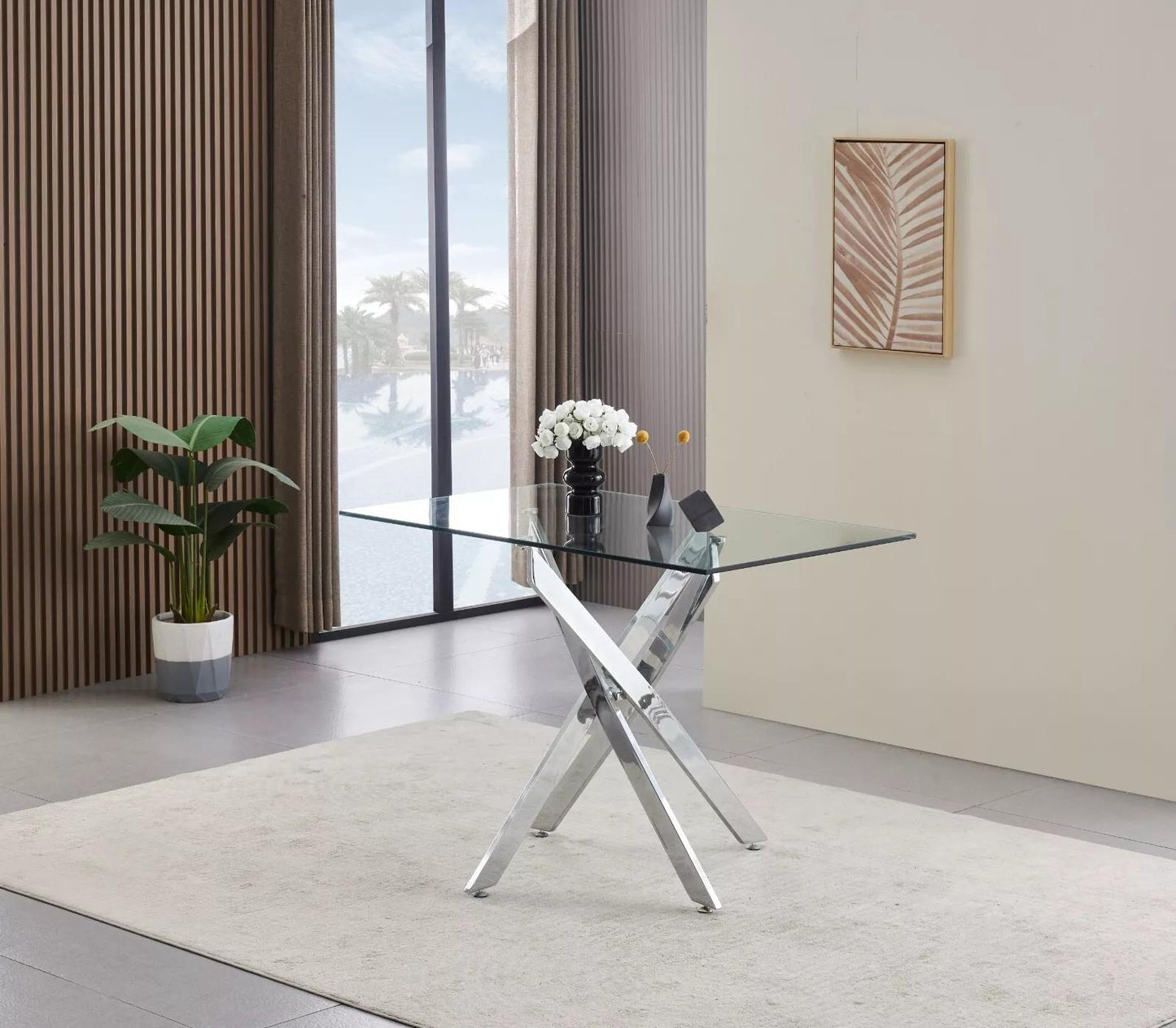 Glass Dining Table with Chrome legs, Rectangle, Living / Dining Room, Kitchen, Furniture