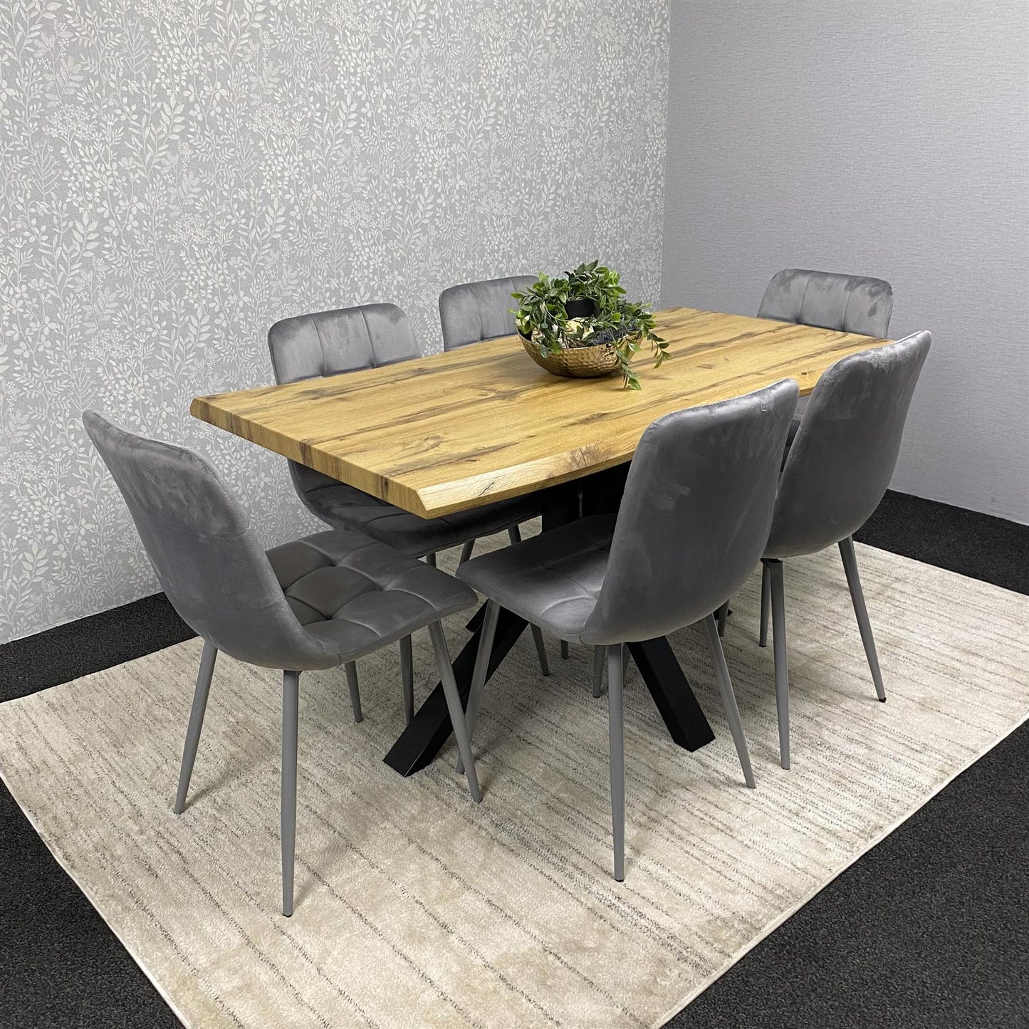 DOUBS Wooden Dining Table with 6 Grey Velvet Chairs - Dining Kitchen Room Furniture