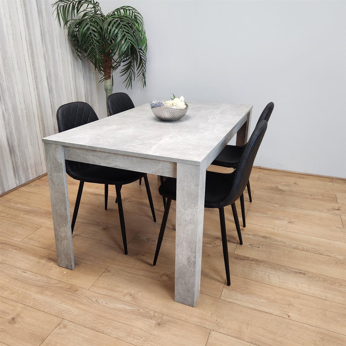 Dining Table and 4 Chairs Stone Grey Effect Wood Table 4 Black Leather Chairs Dining Room