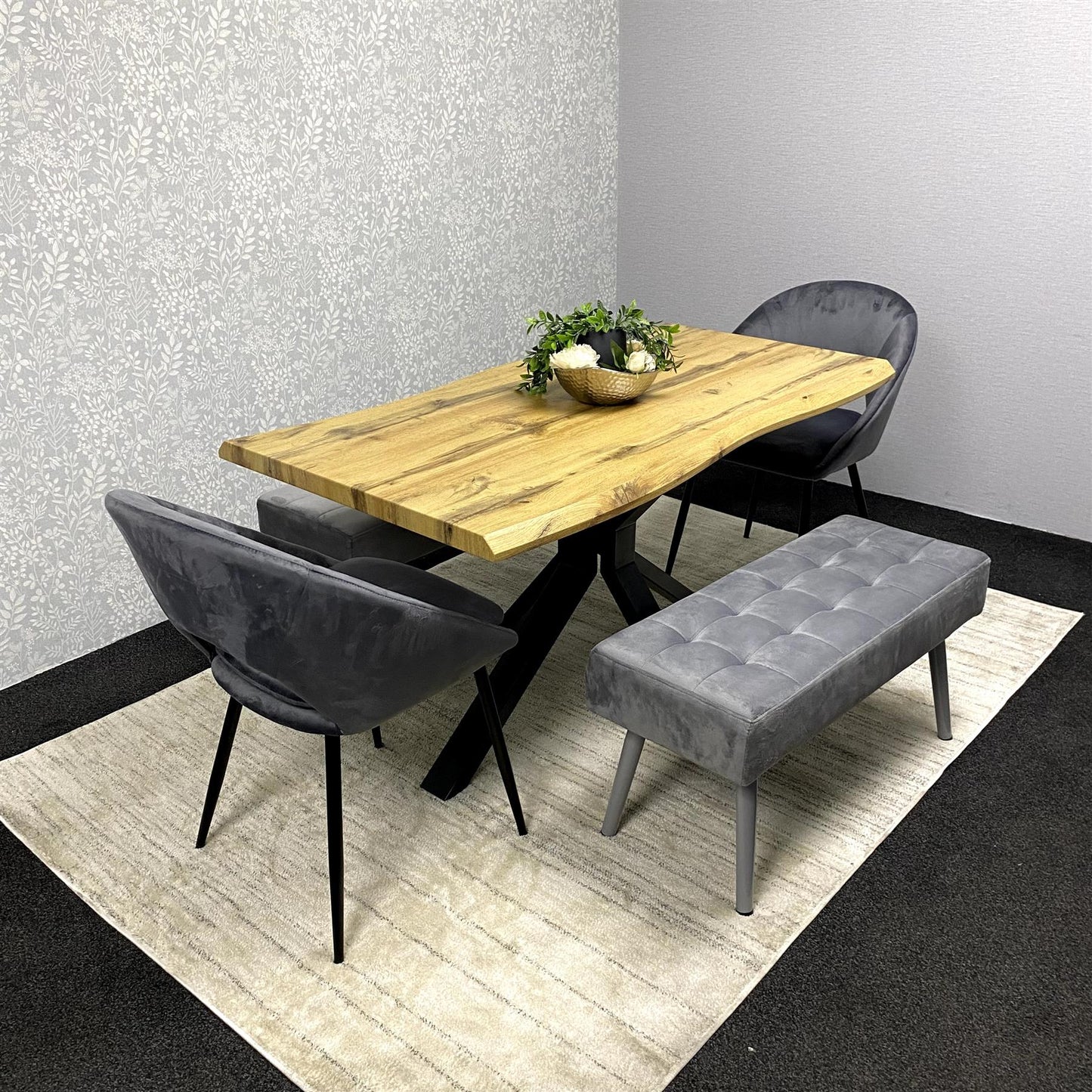 DOUBS Wooden Rectangular Dining Table Set with Velvet Chairs & Wooden Benches