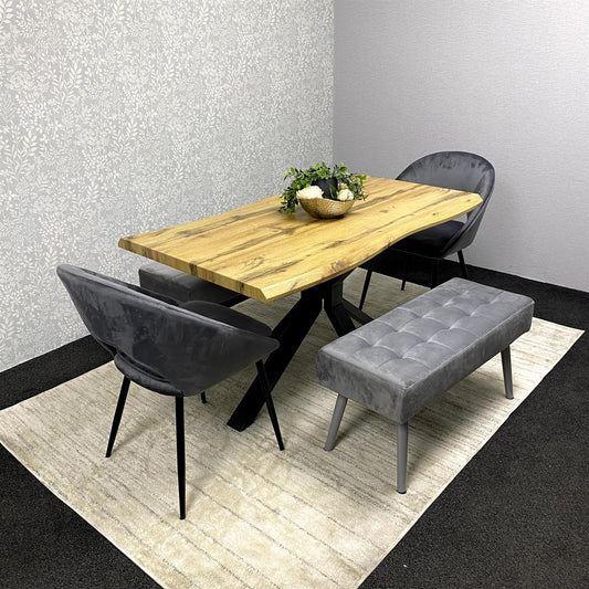 DOUBS Wooden Rectangular Dining Table Set with Velvet Chairs & Wooden Benches