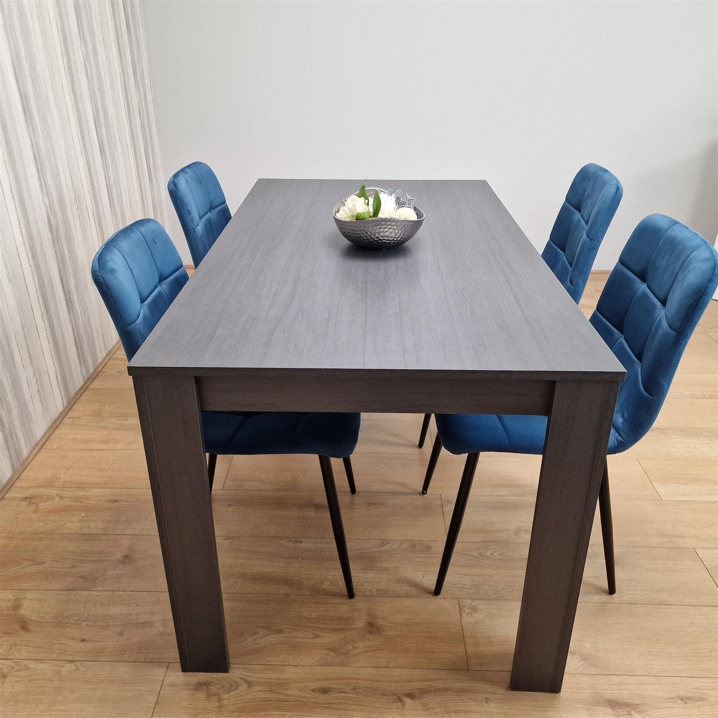 Dining Table and 4 Chairs  Black Dark Grey Blue Velvet Chairs Wood Dining Set Furniture