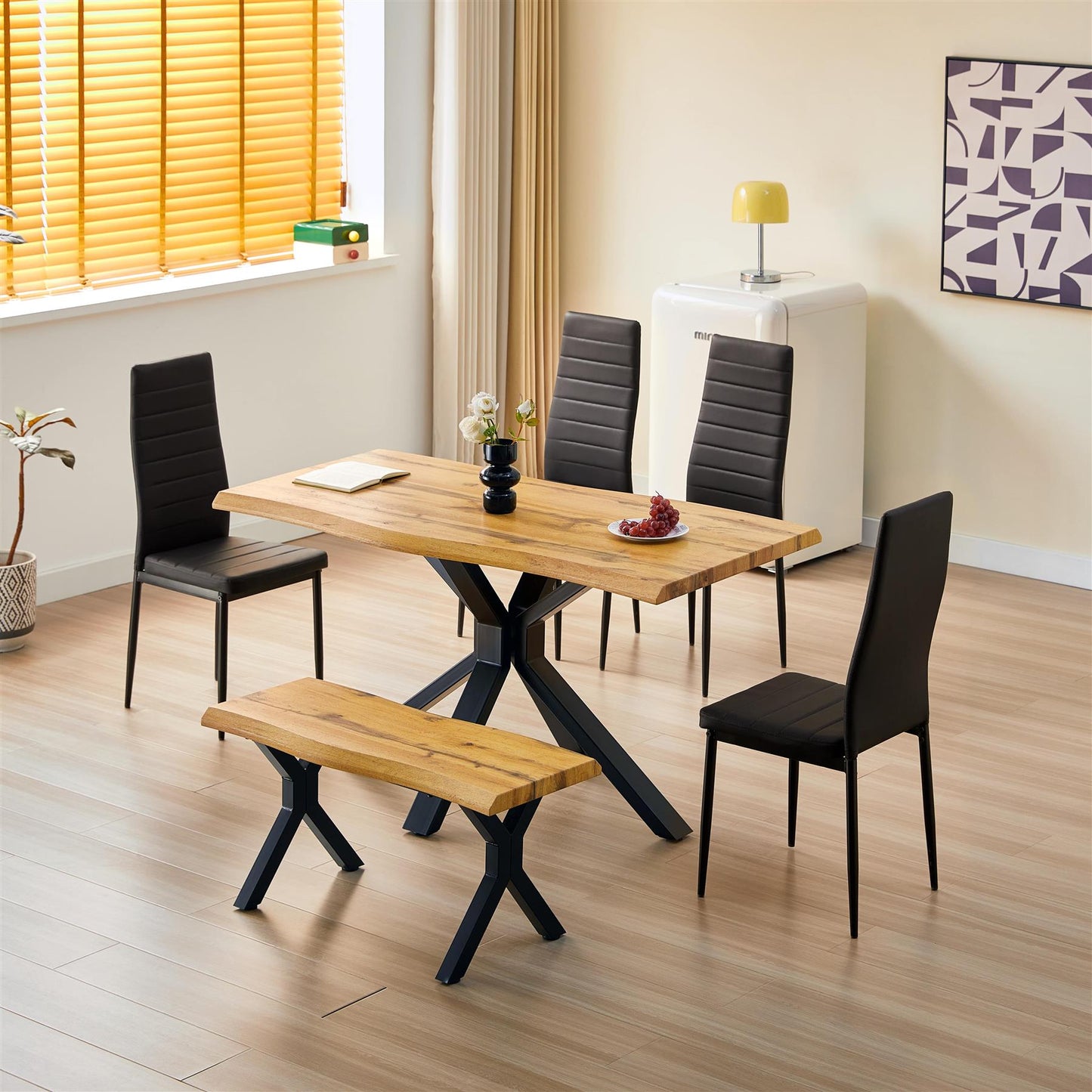 DOUBS Brown Wooden Dining Table with 4 Black Leather Chairs and Bench - Dining Kitchen Room Furniture
