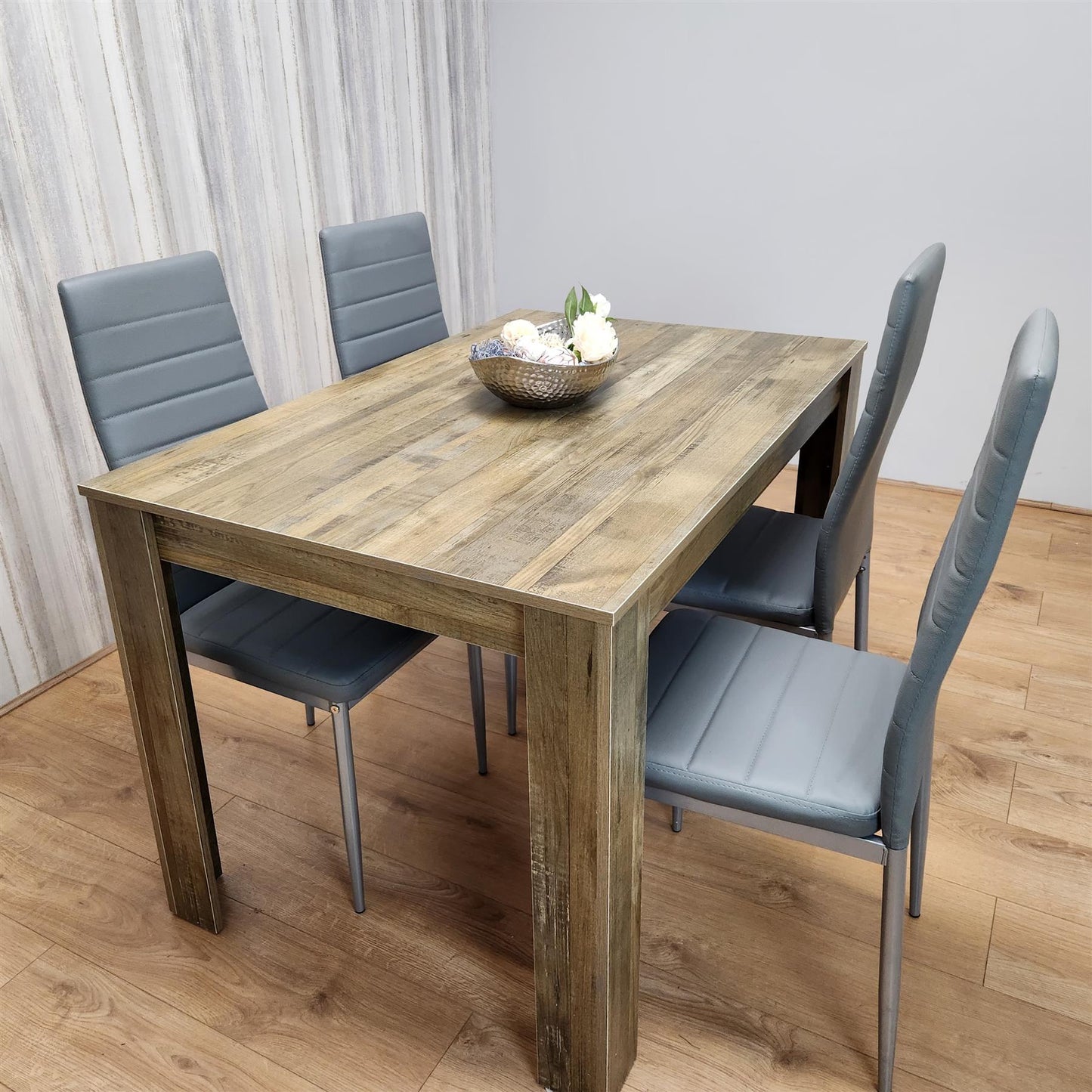 Dining Table and 4 Chairs Rustic Effect Wood Table 4 Grey Leather Chairs Dining Room