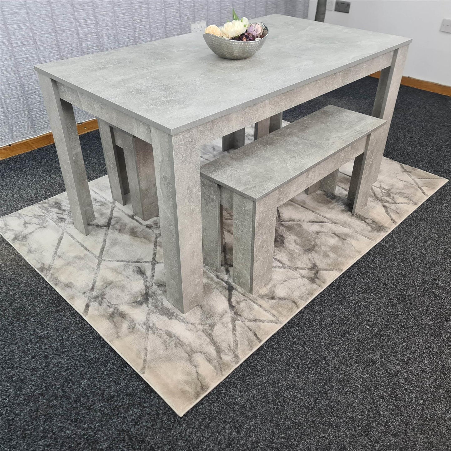 Dining Table and 2 Benches  Stone Grey Effect Wood Table 2 Grey Benches Dining Room Furniture