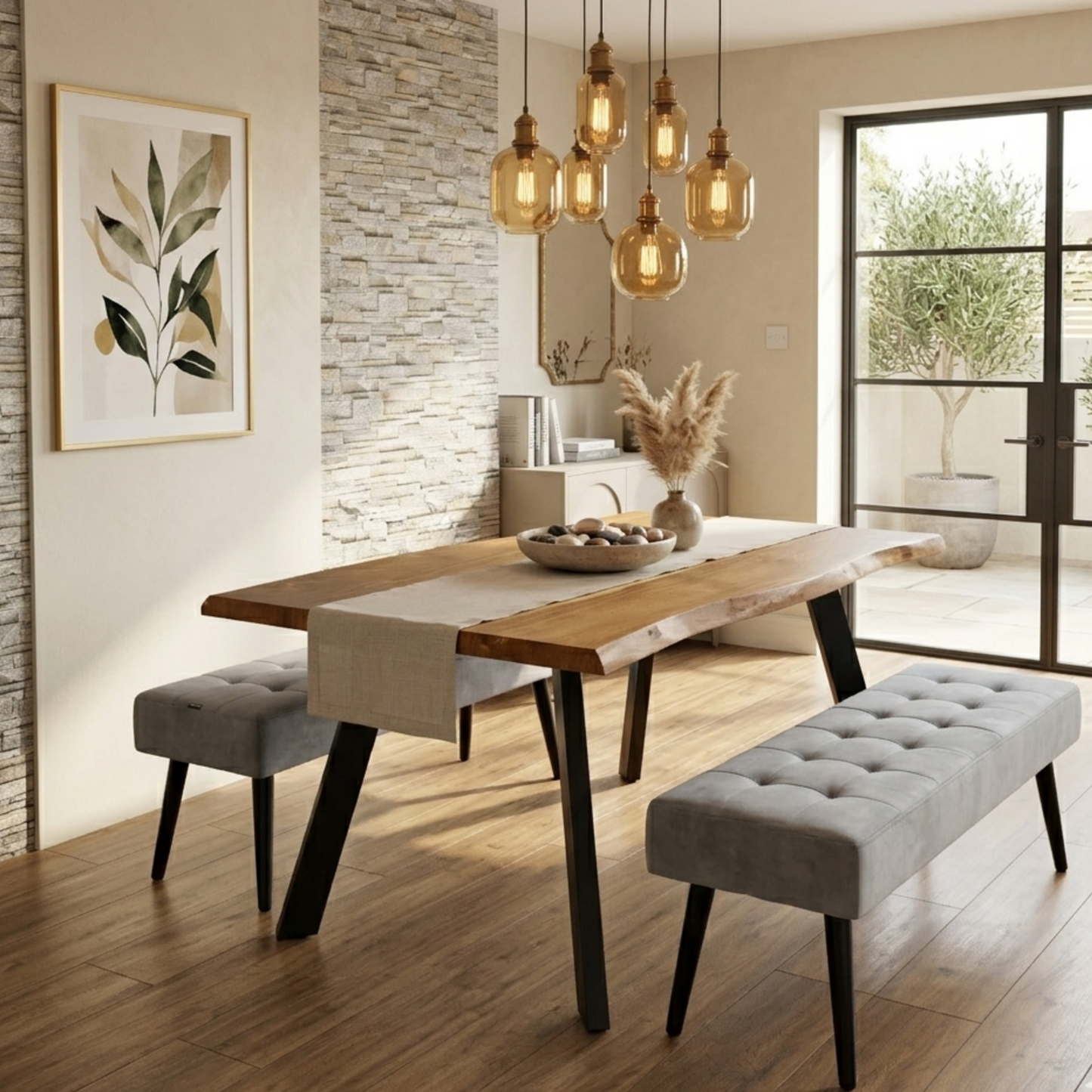 DOUBS Wood Dining Table and 2 Grey Velvet Benches 3-Piece Set