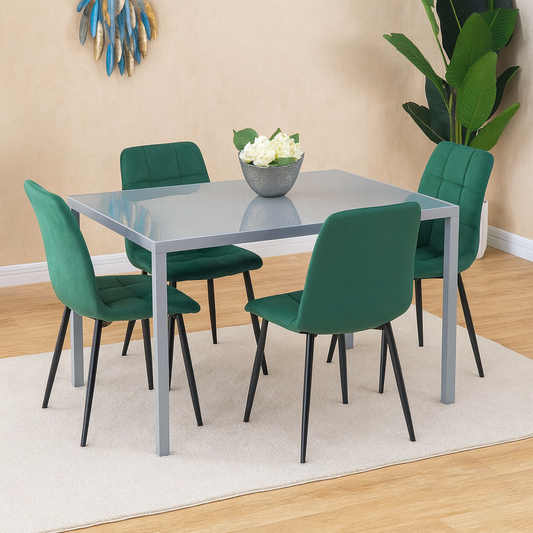 Modern Grey Glass Dining Table Set with 4 Green velvet Chairs Dining Furniture
