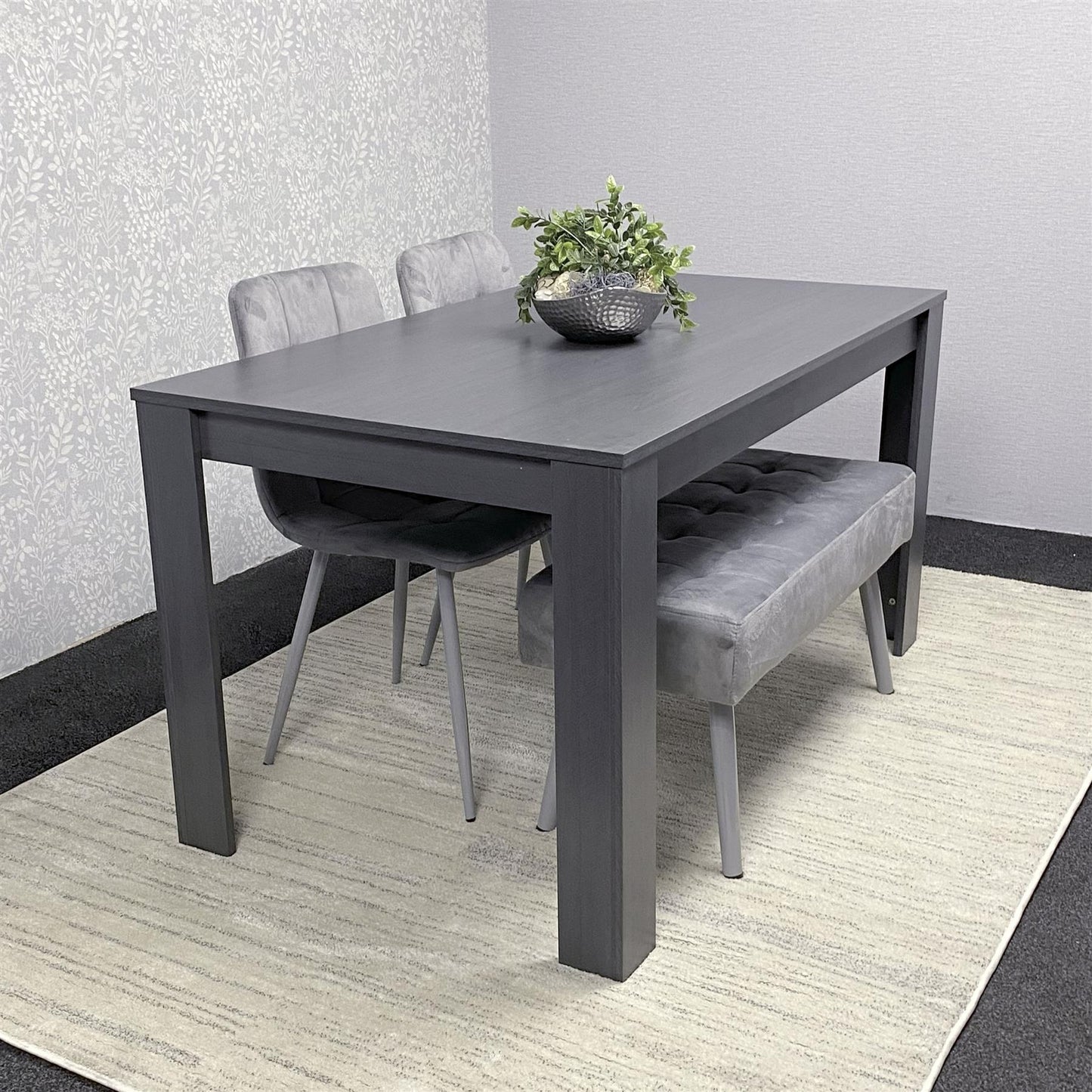 Dark Grey Wooden Dining Set with Velvet Chairs and Bench, Arrow Design