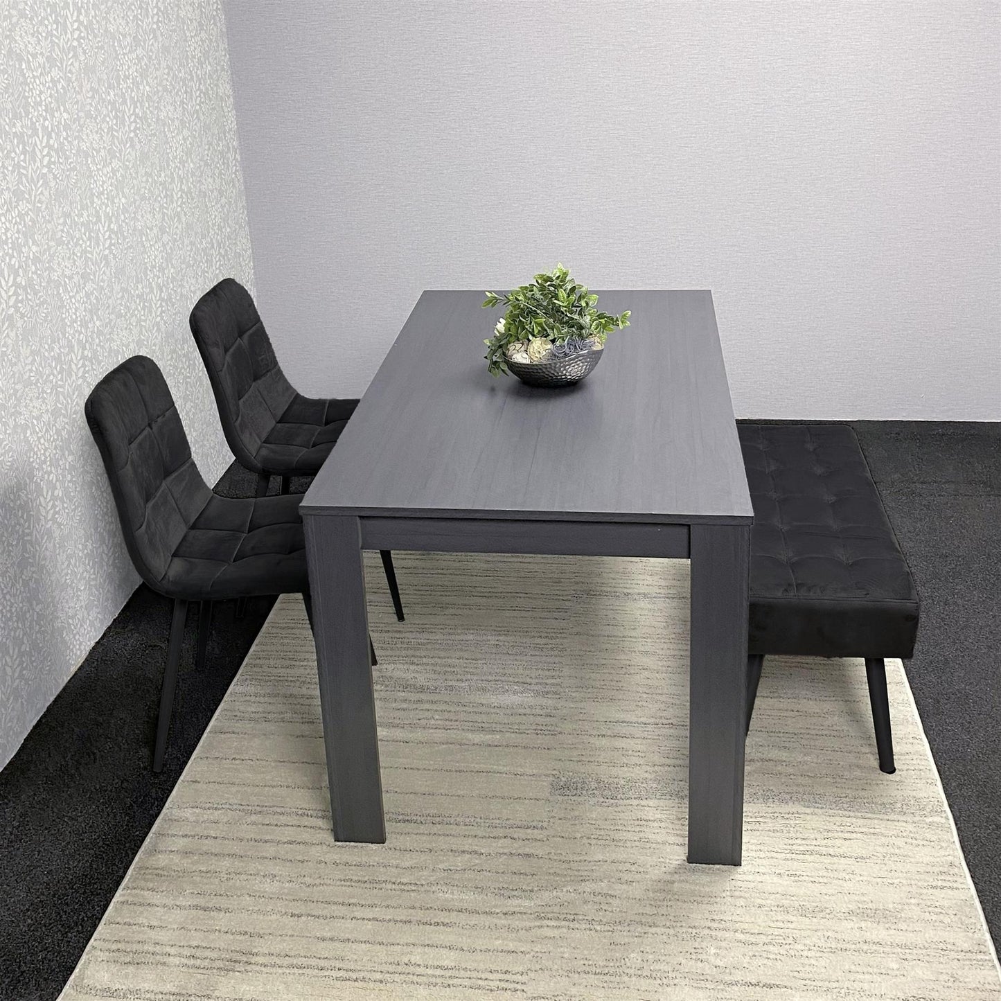 Dark Grey Wooden Dining Set with Velvet Chairs and Bench, Arrow Design