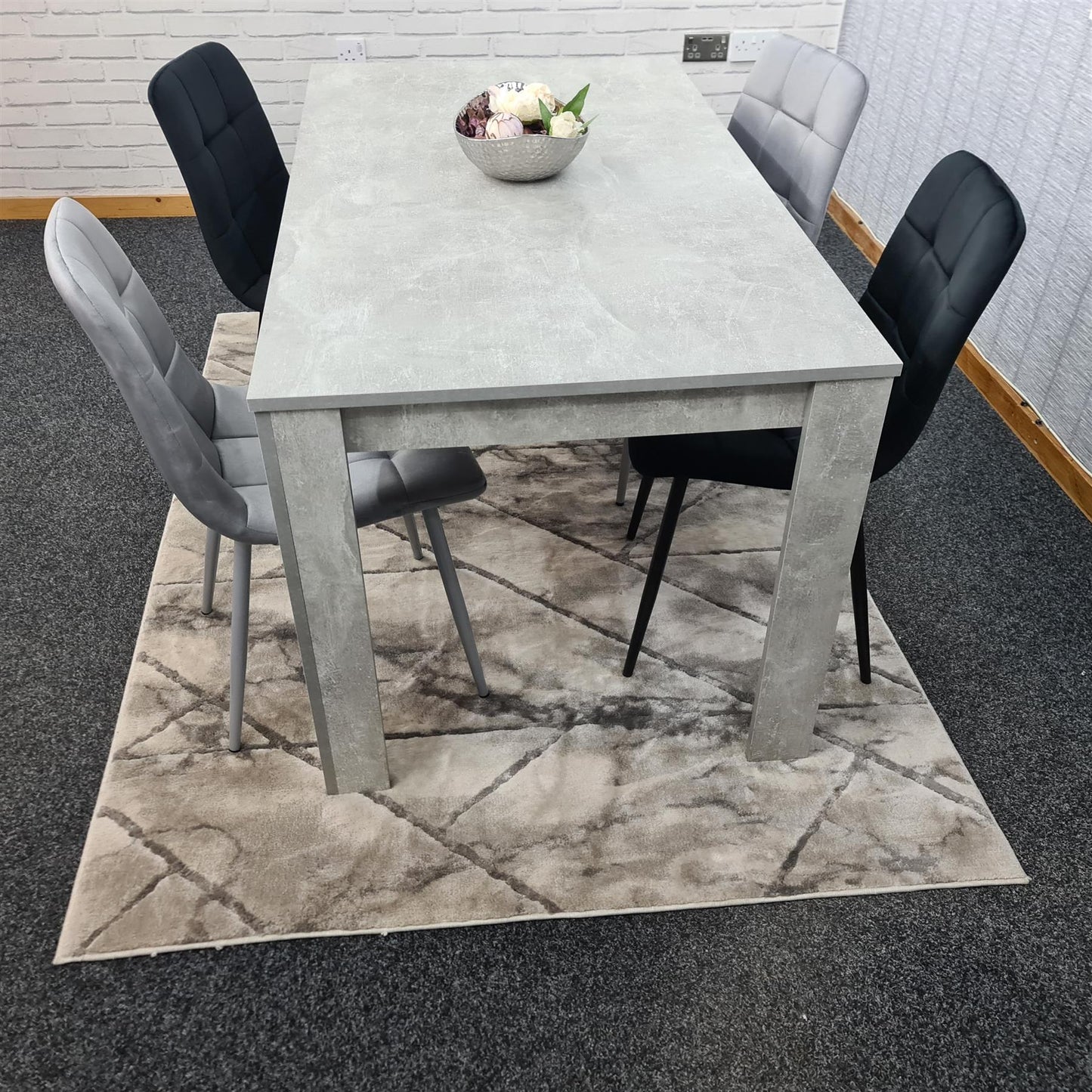 Dining Table and 4 Chairs Stone Grey Effect Wood Table 4 Grey Black Velvet Chairs Dining Room