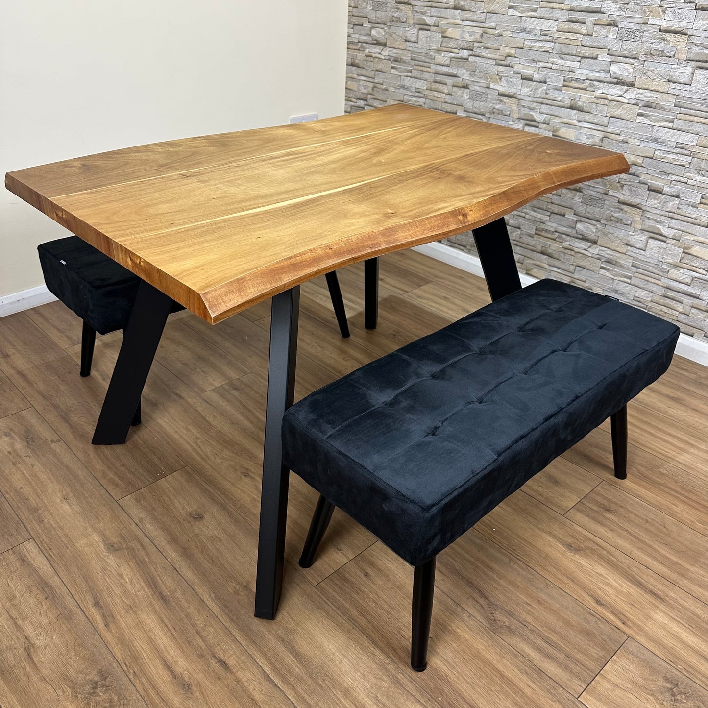 DOUBS Dining Room Set Wood Table 2 Velvet Bench Seats 3-Piece Doubs Furniture