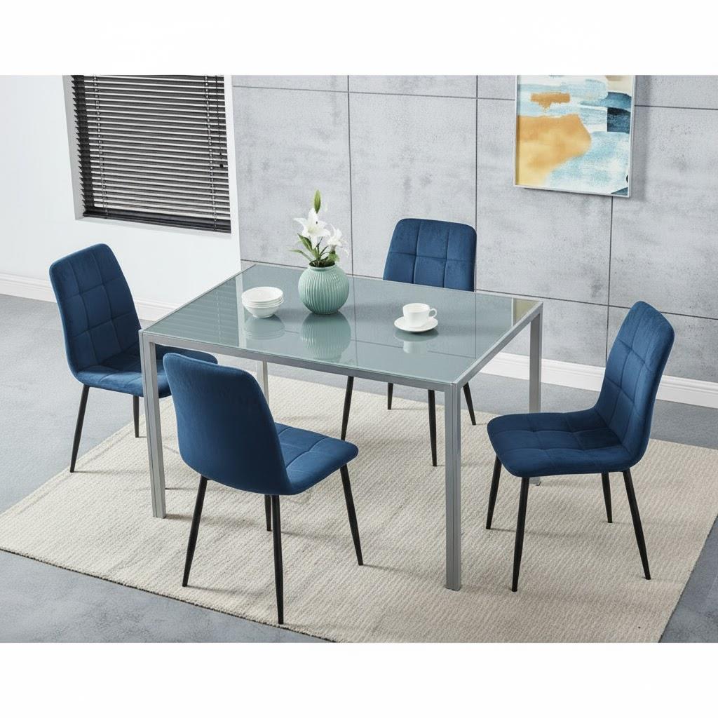 Modern Grey Glass Dining Table Set with 4 blue velvet Chairs Dining Room Furniture