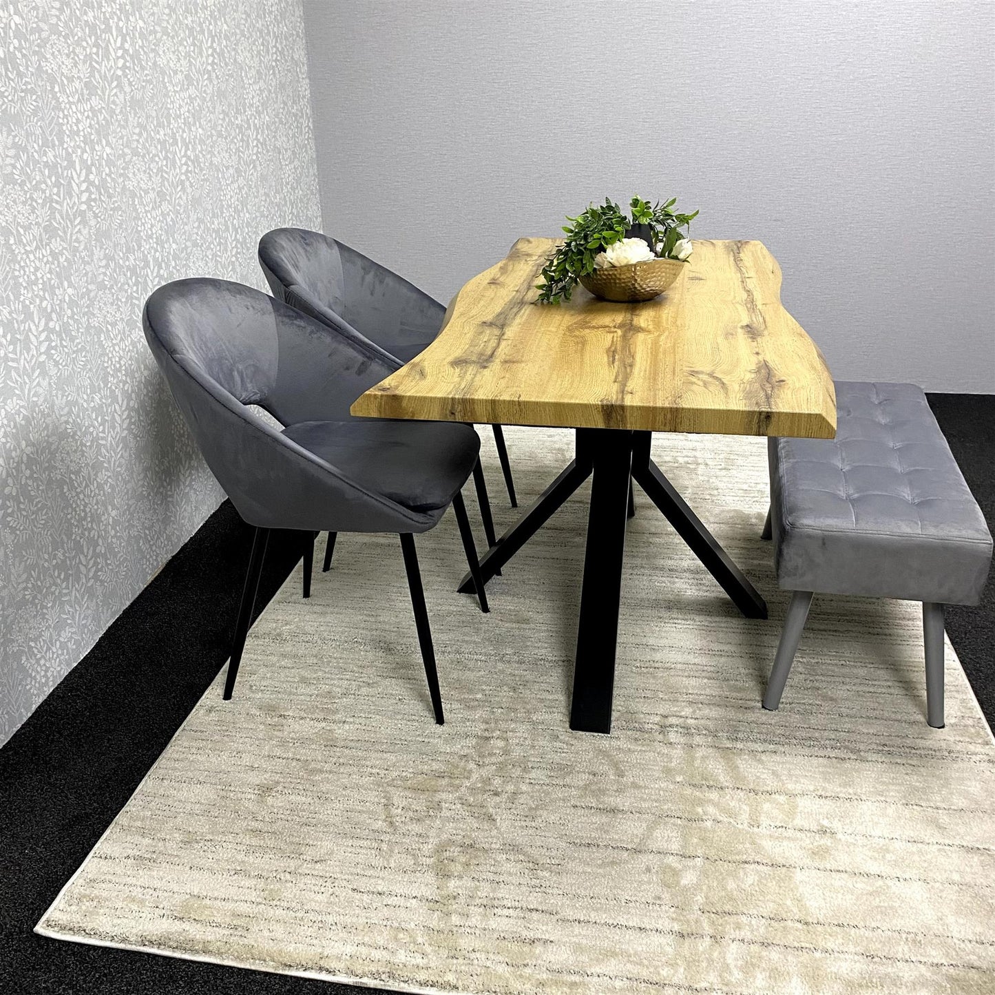 DOUBS Wooden Brown Dining Table with grey velvet Bench and 2 Grey Velvet Chairs, Stylish Dining Room Furniture