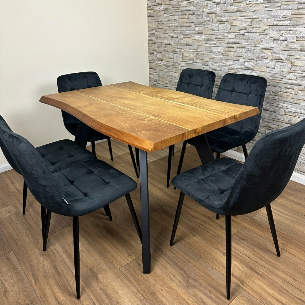 DOUBS Dining Table  and 6 Black Velvet Chairs Wooden Table and 6 velvet Tufted Chairs
