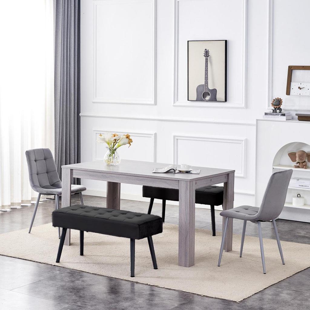 Dining Table and 2 Chairs With 2 Benches Grey 2 Grey Velvet Chairs