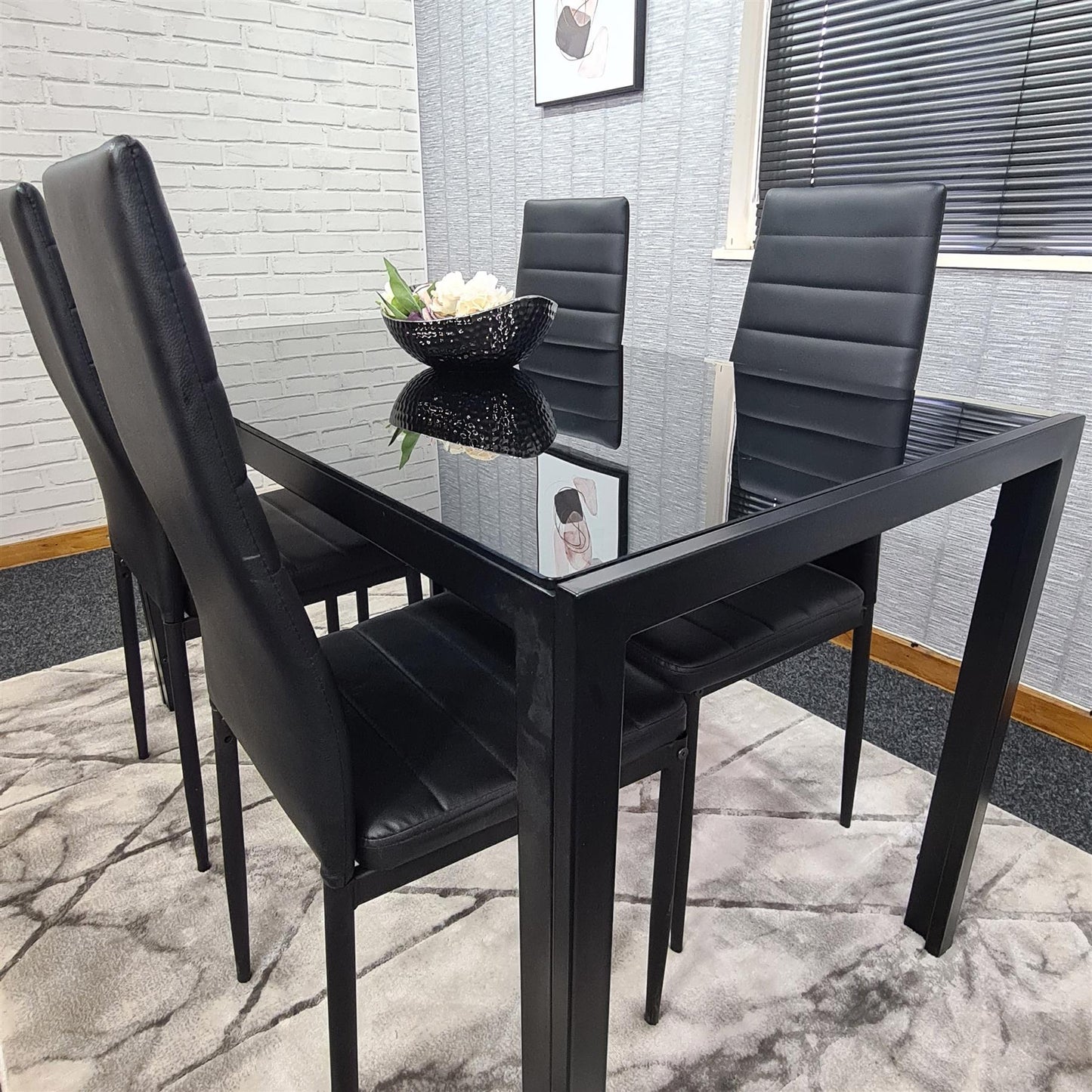 Dining Table and 4 Chairs Black Glass 4 Leather Chairs  Dining Room Furniture