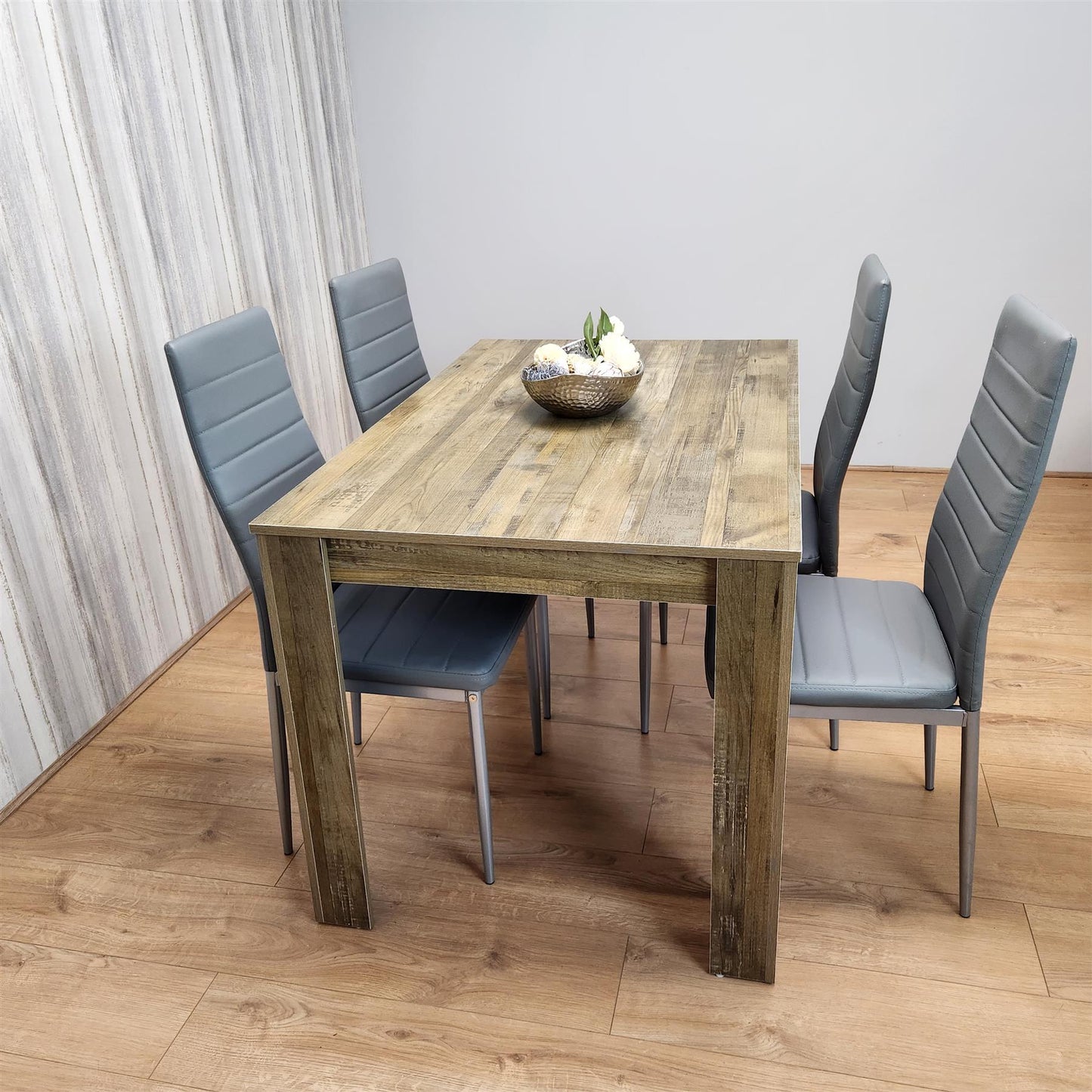 Dining Table and 4 Chairs Rustic Effect Wood Table 4 Grey Leather Chairs Dining Room