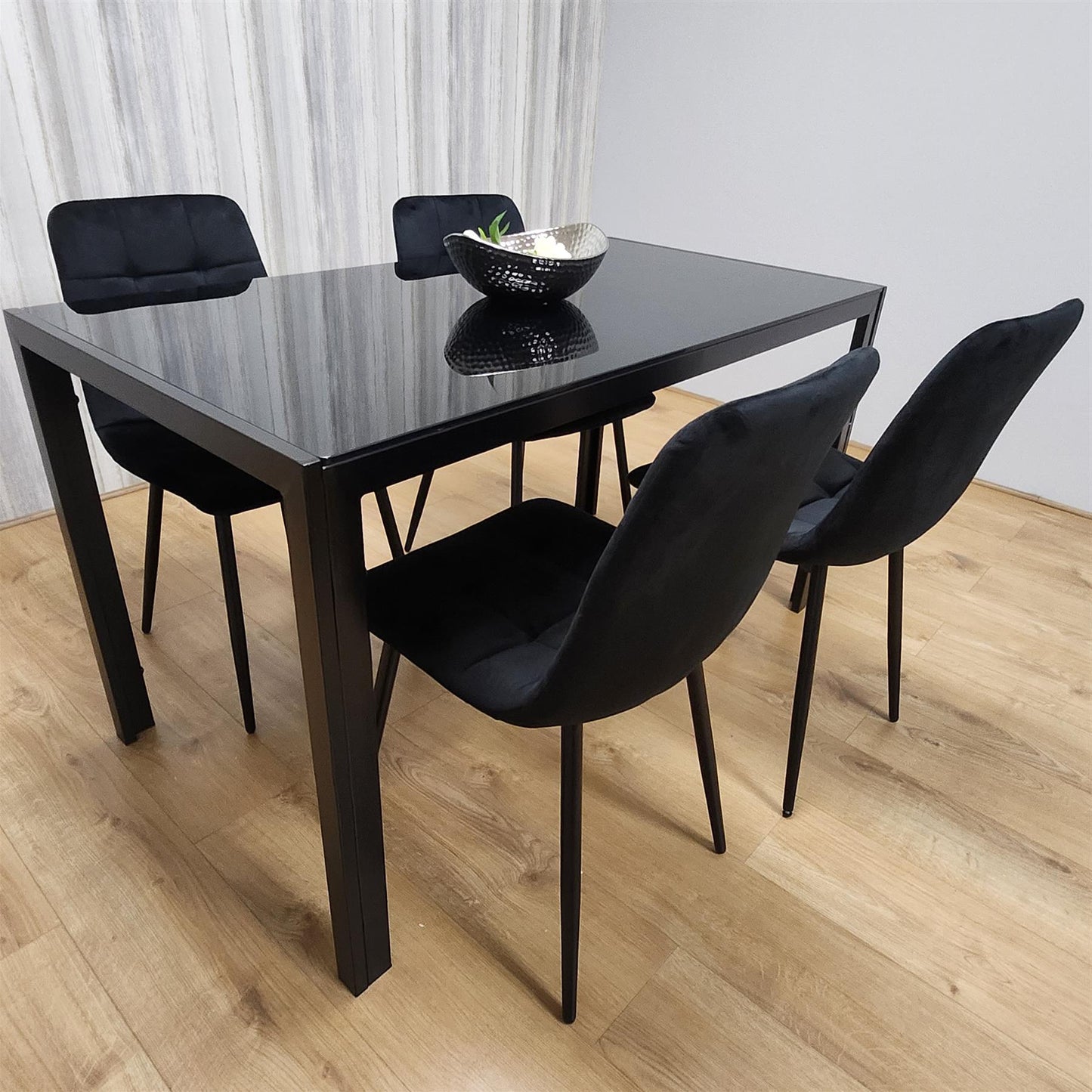 Dining Table and 4 Chairs Black Glass 4 Velvet Chairs  Dining Room Furniture