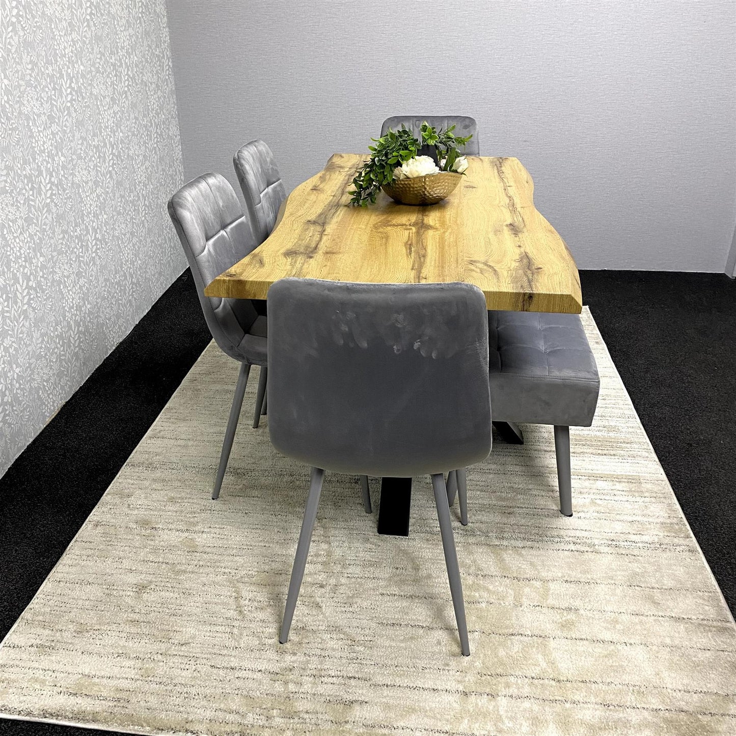 DOUBS Wooden Brown Dining Table with 4 Grey Velvet Chairs and Padded Bench, Dining Room Furniture