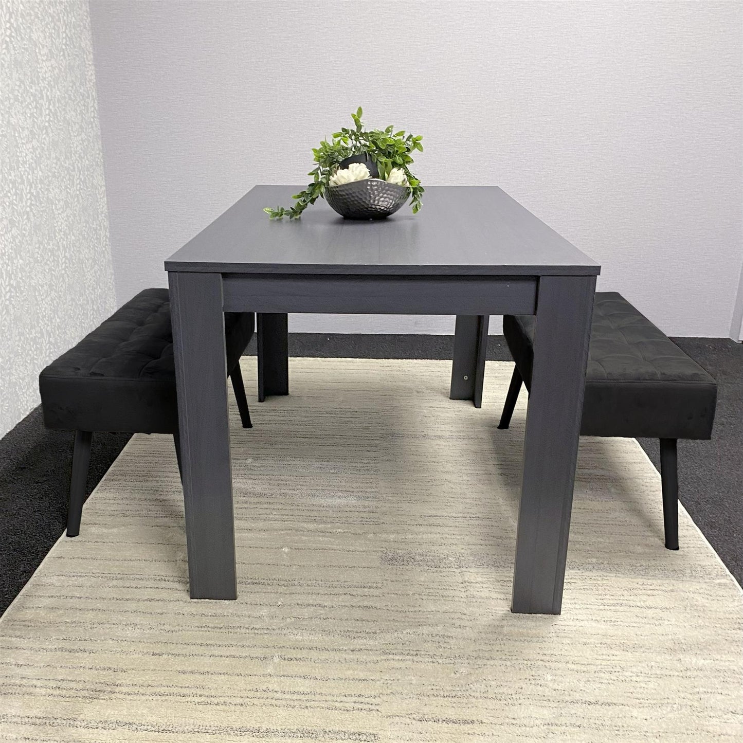 Wooden Dark Grey Arrow Design Dining Set with Velvet Chairs & Benches