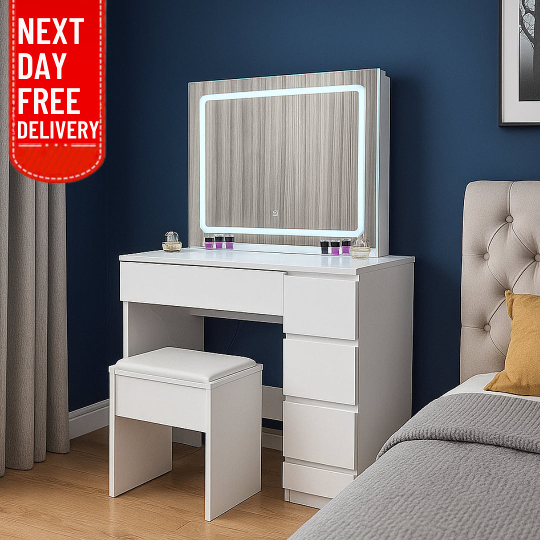 DOUBS Modern Dressing Table with LED Lights Mirror Vanity Makeup Desk Stool Set