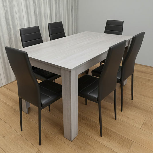 Wooden Grey Dining Table Set With 6 Black Faux Leather Chairs Dining Kitchen Furniture