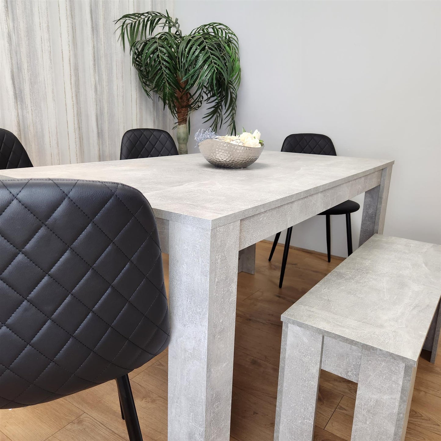 Dining Table and 4 Chairs Stone Grey Effect Wood Table 4 Black Leather Chairs Dining Room