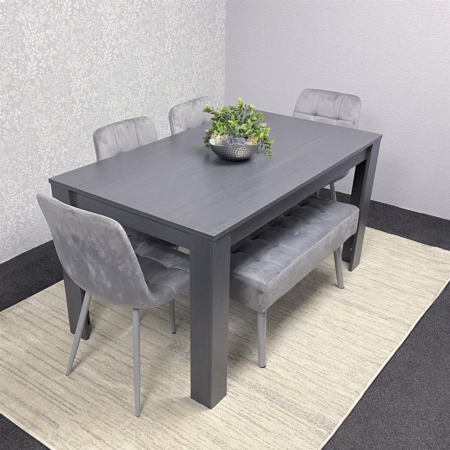 Dining Table and 4 Chairs With Bench Dark Grey, 4 Grey Velvet Chairs Wood Dining Set Furniture
