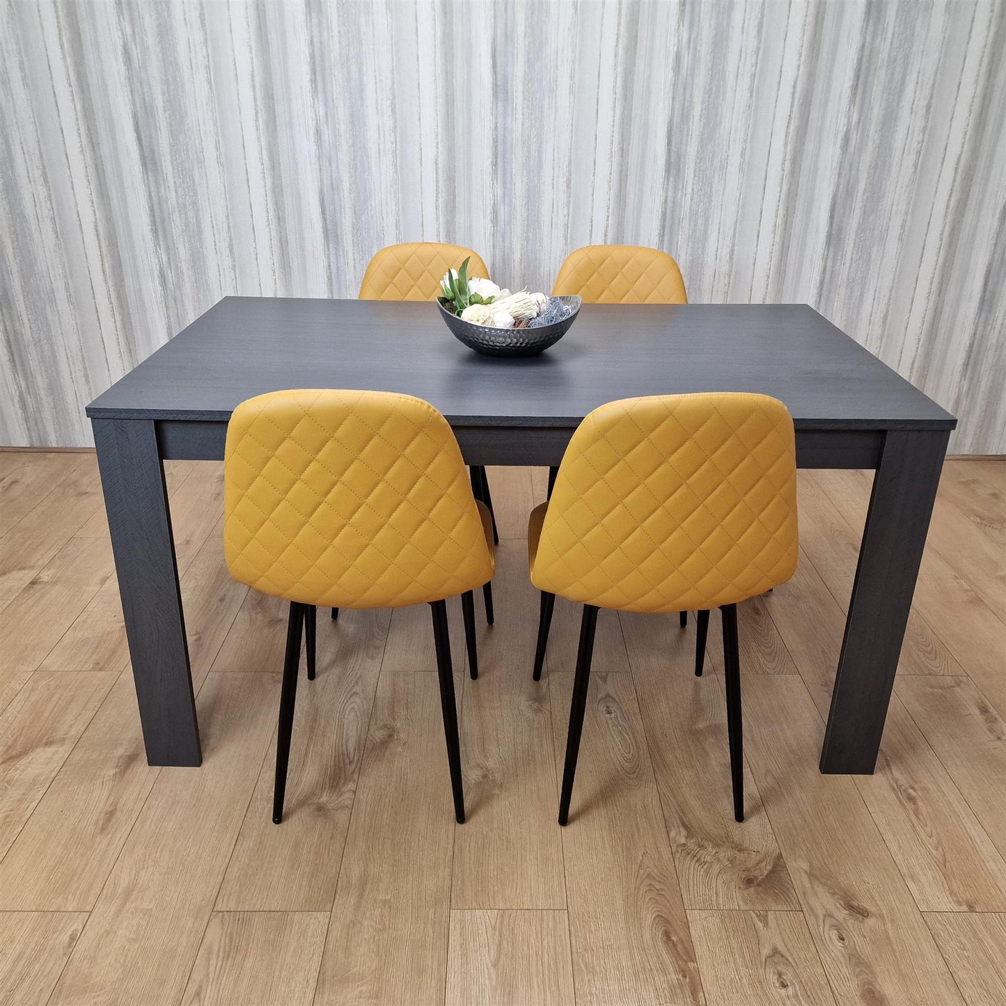 Dining Table and 4 Chairs  Black Dark Grey 4 Leather Mustard Chairs Wood Dining Set Furniture
