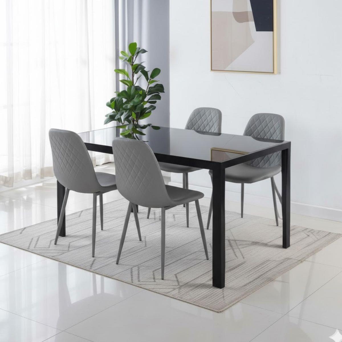 Modern Black Glass Dining Table Set with 4 Grey Dining Chairs Dining Room Furniture