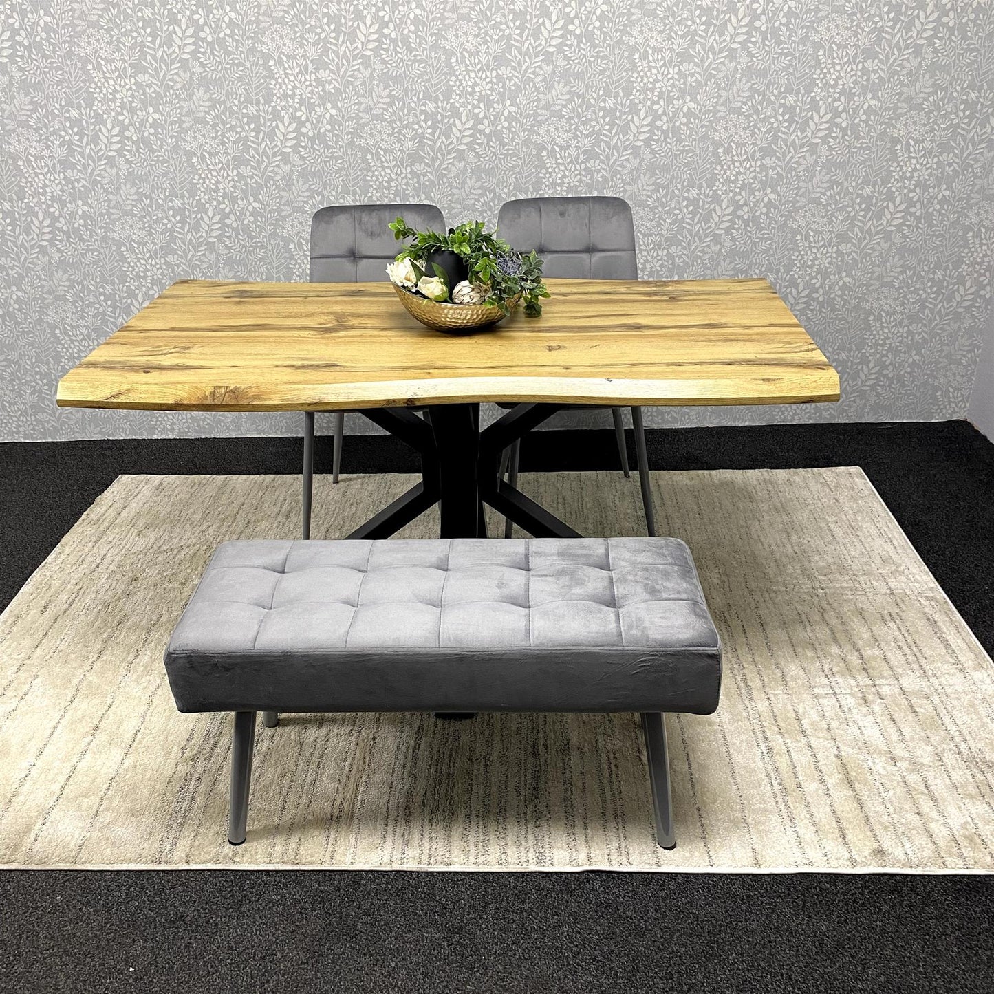 DOUBS Wood Dining Set with Tufted Velvet Chairs & Grey Velvet Bench