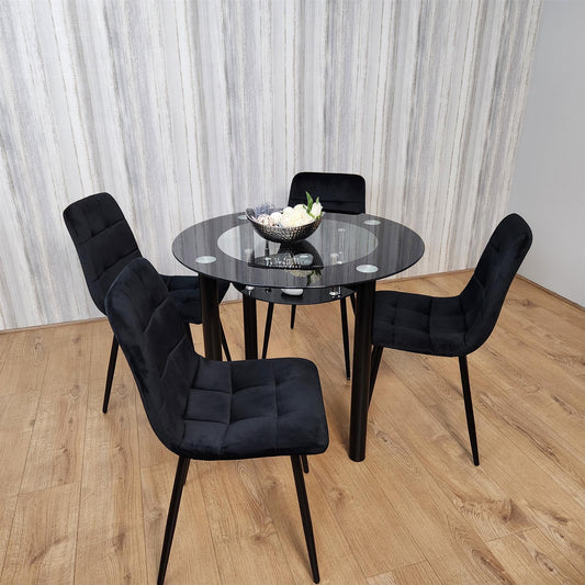Dining Table and 4 Chairs Round Glass Black  4 Black  Velvet Chairs Dining Room Furniture