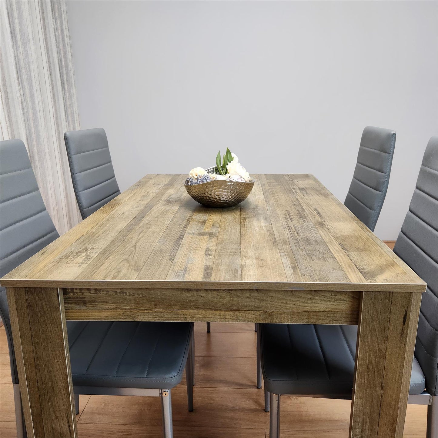 Dining Table and 4 Chairs Rustic Effect Wood Table 4 Grey Leather Chairs Dining Room