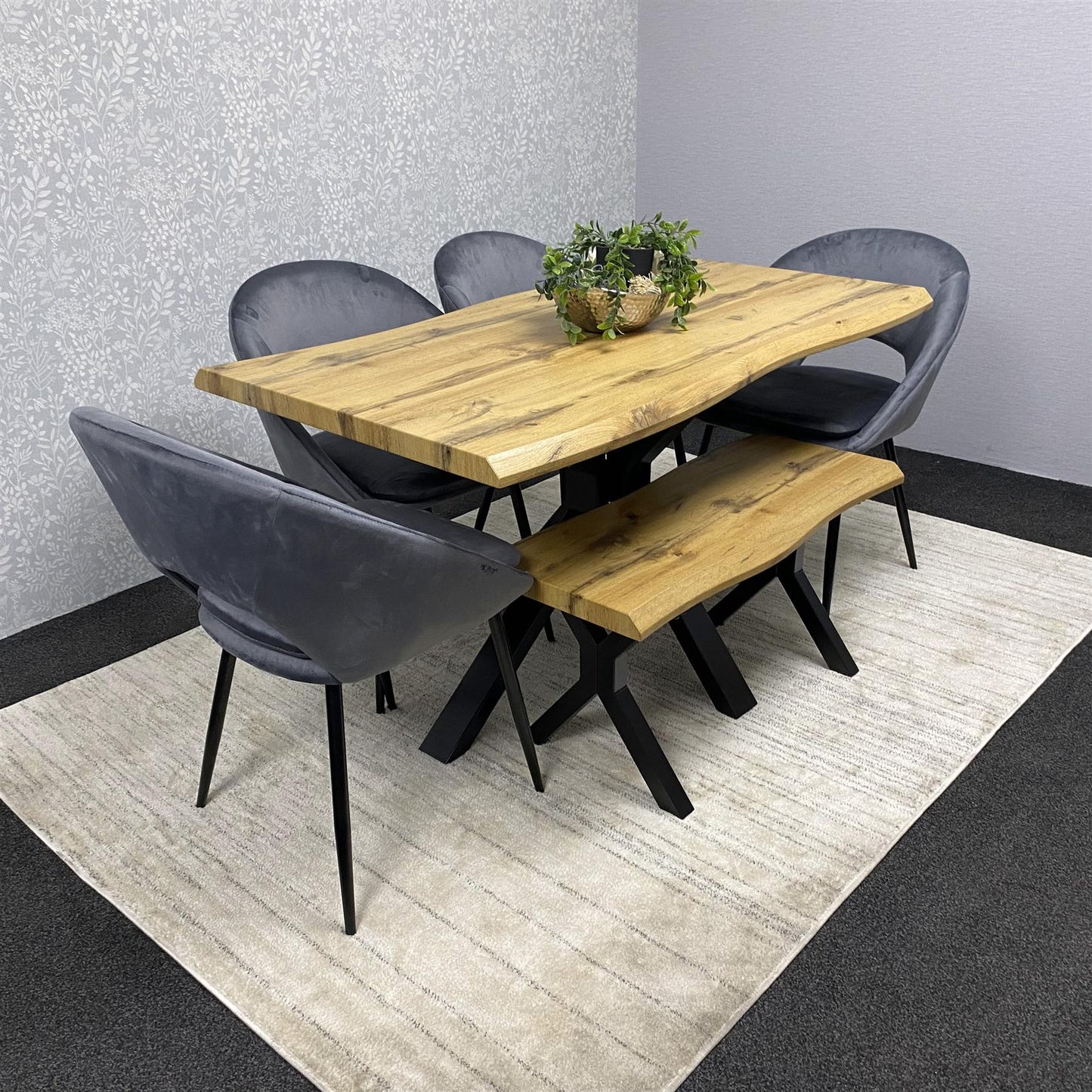 DOUBS Wooden Brown Dining Table with Bench and 4 Grey Velvet Chairs, Stylish Dining Room Furniture